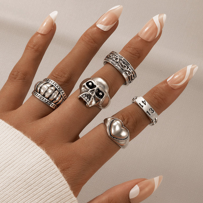 Punk style skull pentagram heart Halloween seven-piece ring