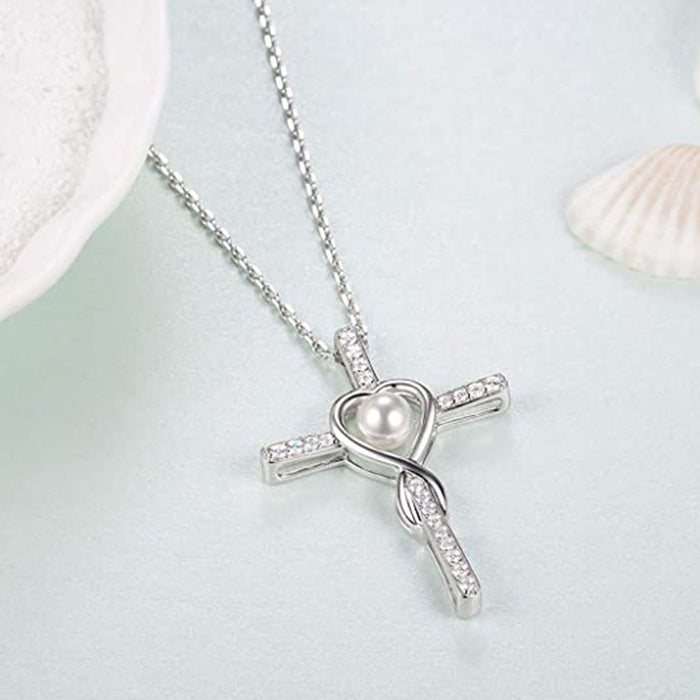 Hollow Cross Heart Pendant Imitation Pearl Necklace