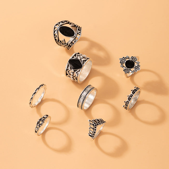 Black oil drip vintage hollow ring 8-piece set