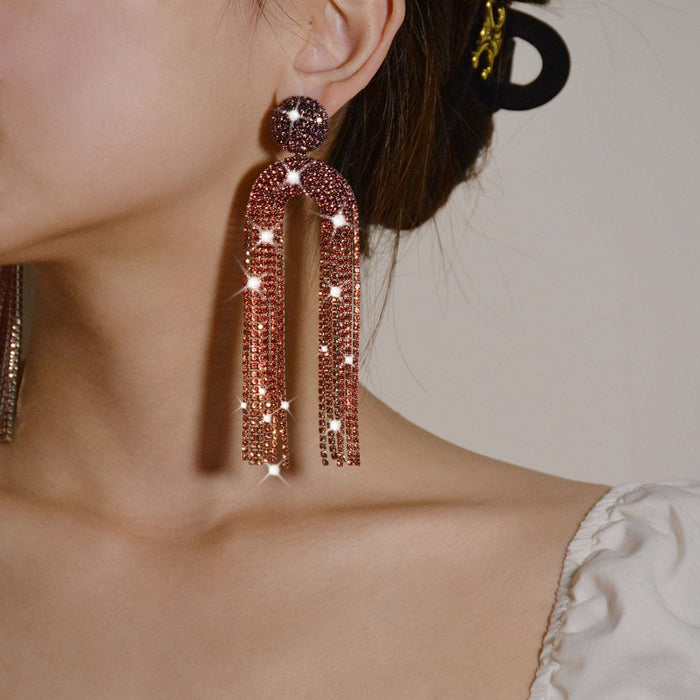 Geometric long tassel gradient colorful rhinestone earrings