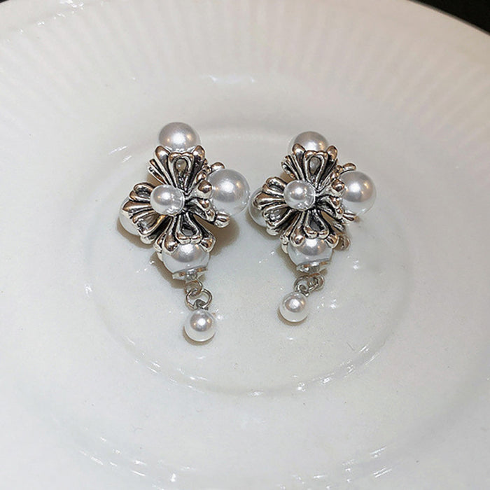 Pearl Petal Cross Earrings French Vintage Stud Earrings