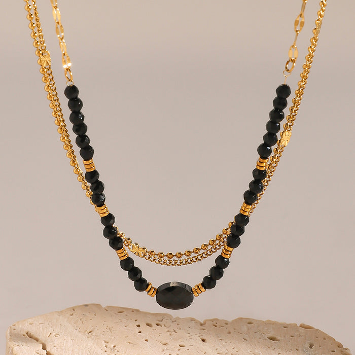 Black crystal natural stone multi-layer necklace, European and American stainless steel light luxury design