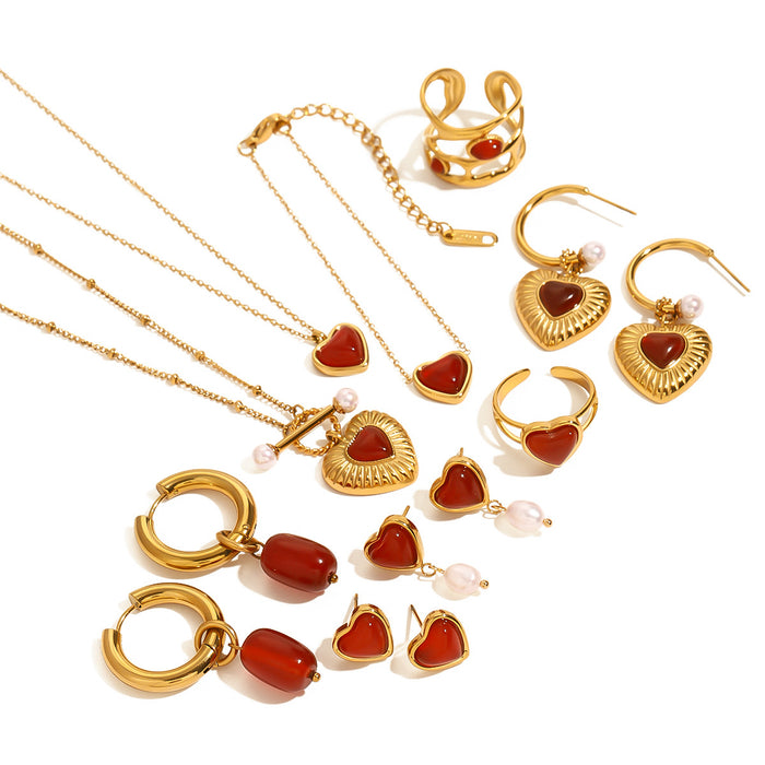 18K gold stainless steel red agate heart necklace pendant earrings