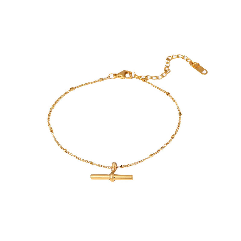 18K Gold Plated Titanium Steel Anklet - T-Bar Pendant Round Bead Chain Fashion Jewelry - wallojewerly 
