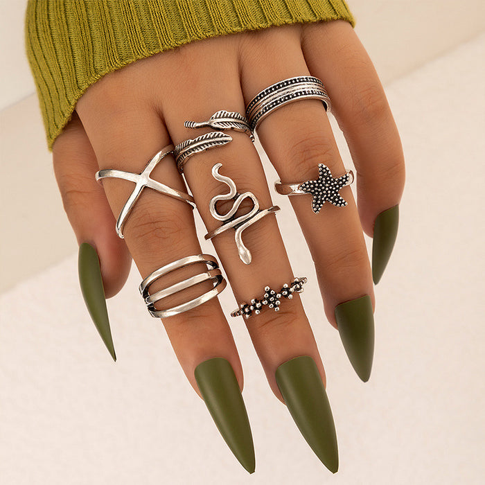 Vintage cross starfish feather ring, geometric snake element flower seven-piece set