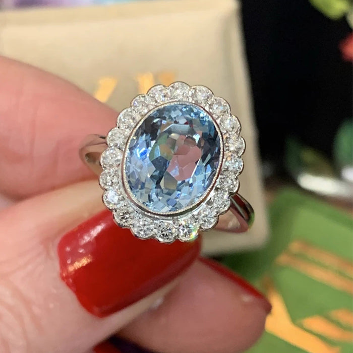 Anillo de circonita ovalada de color azul marino con forma de flor para mujer, joyería exquisita