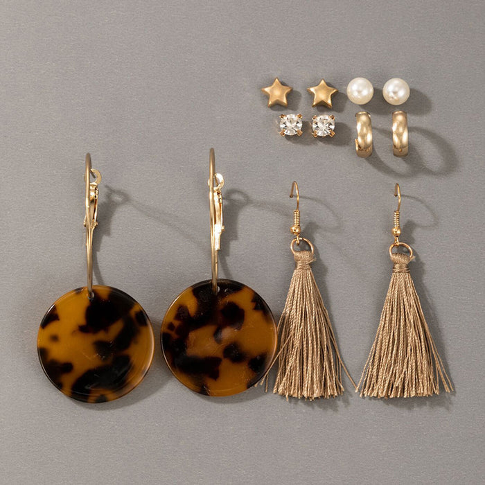 Tortoiseshell resin tassel earrings pearl star diamond six-piece earring set