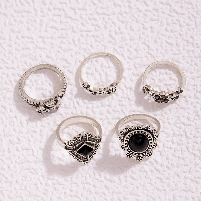 Black oil drop rose flower alphabet five-piece ring set