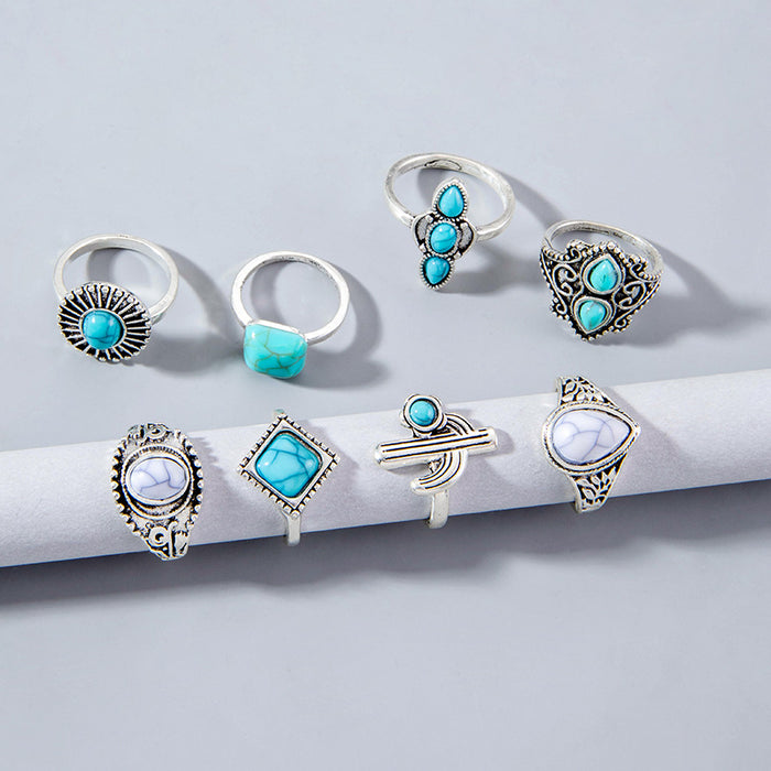 Vintage Turquoise Cactus Ring Set - 8pcs Ethnic Style Open Rings