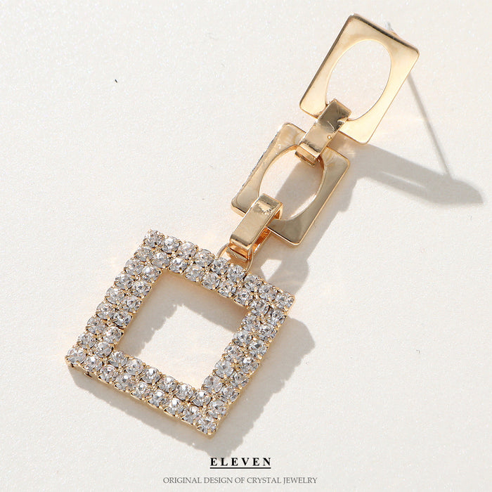 Korean Geometric Rhinestone Earrings - Long Square Drop Earrings for Women