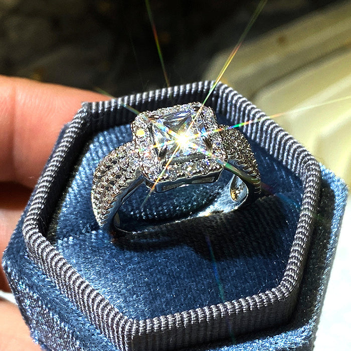 Exquisito anillo de mujer con circonita cuadrada AAA, chapado en cobre, joyería de boda de platino