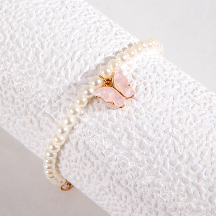 European Korean Fresh Pink Butterfly Pendant Bracelet - Luxury Faux Pearl Beaded Jewelry