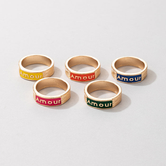 Colorful oil dripping letters simple 5-piece ring set