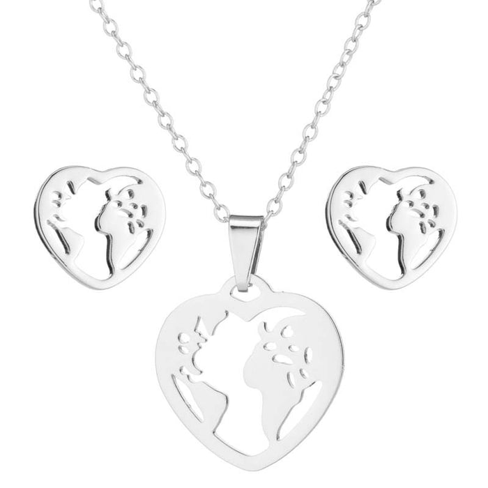 Conjunto de joyas con mapa del mundo, collar y pendientes con colgante exagerado de moda con huecos geométricos en forma de corazón