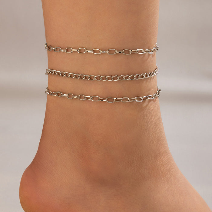 Crystal Beaded Triple-Layer Anklet with Geometric Chain Design