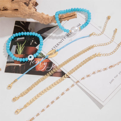 Turquoise Bead and Shell Bracelet Set with Bohemian Design - Five Pieces