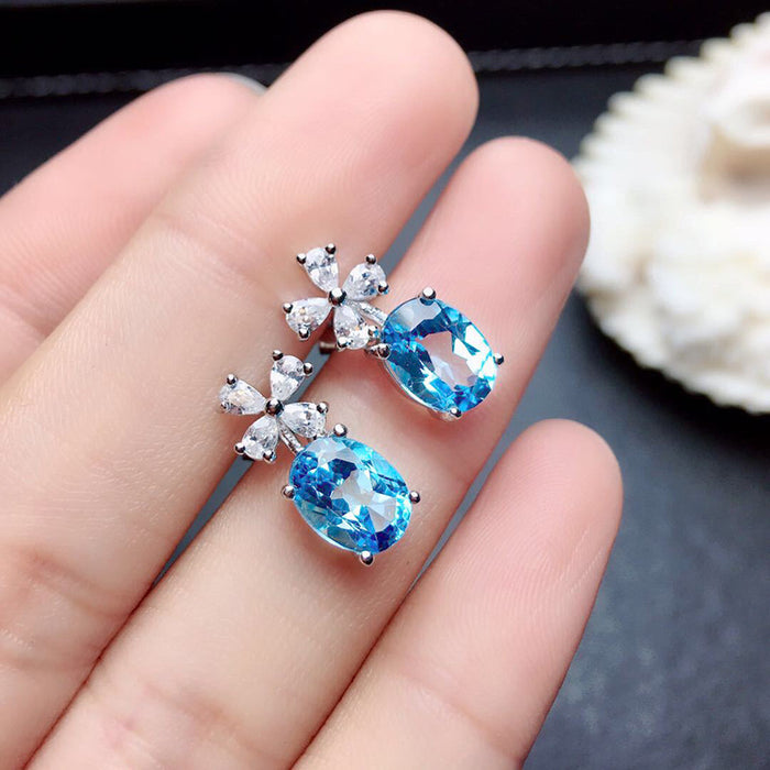 Micro-paved aquamarine zircon earrings and copper-plated white gold stud earrings