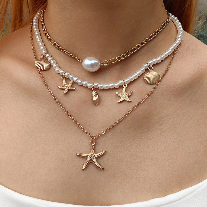 Layered Beach Necklace with Faux Pearls, Starfish, and Shell Charms - Retro Vacation Jewelry for Women