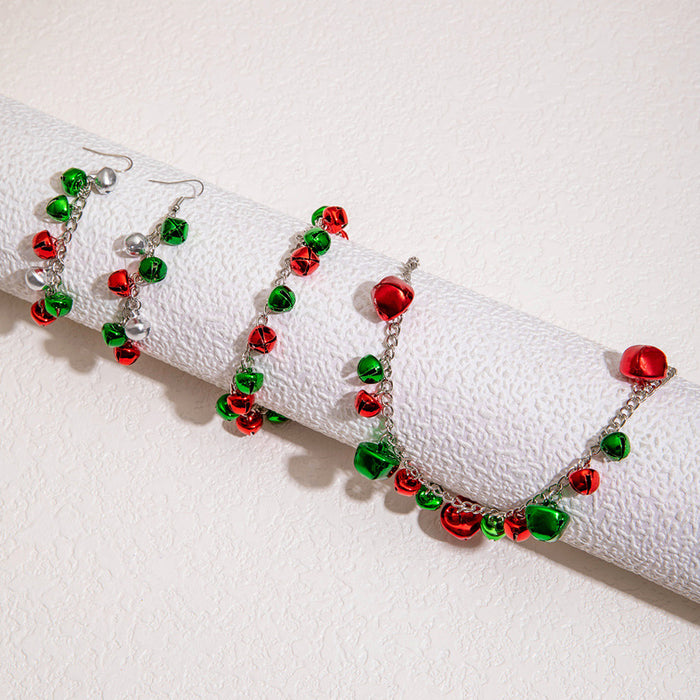 Christmas Jingle Bell Necklace and Bracelet Set - Festive Three-Piece Jewelry