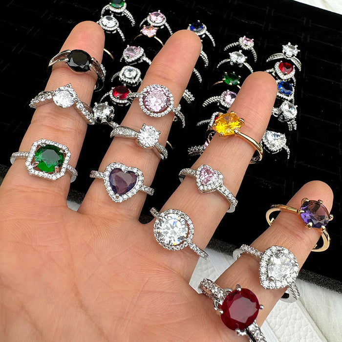 Colored zircon inlaid heart-shaped rings, wholesale of open stainless steel rings