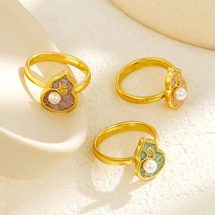 Wholesale natural imitation pearl painted oil petal gourd rings