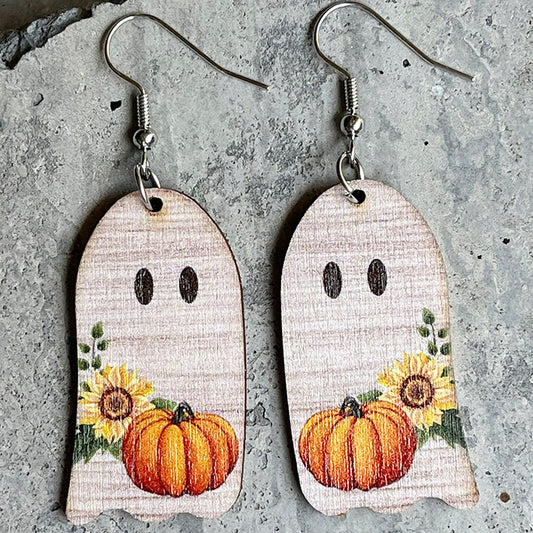 Wooden Ghost Pumpkin Earrings