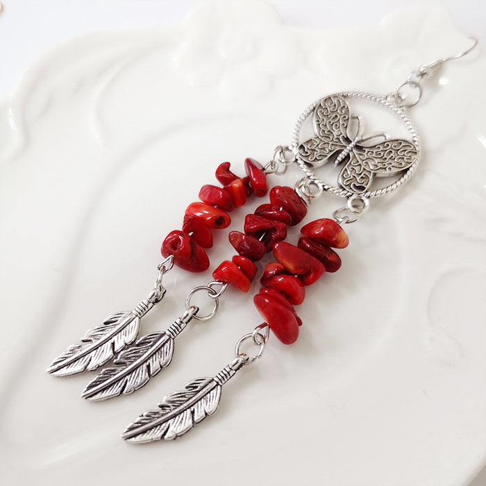 Antique Silver Plated Feather Earrings with Stone and Bohemian Ethnic Style