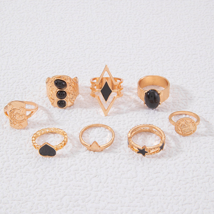 Punk Style Dark Gemstone Ring Set - 8pcs Vintage Enamel Heart Rings