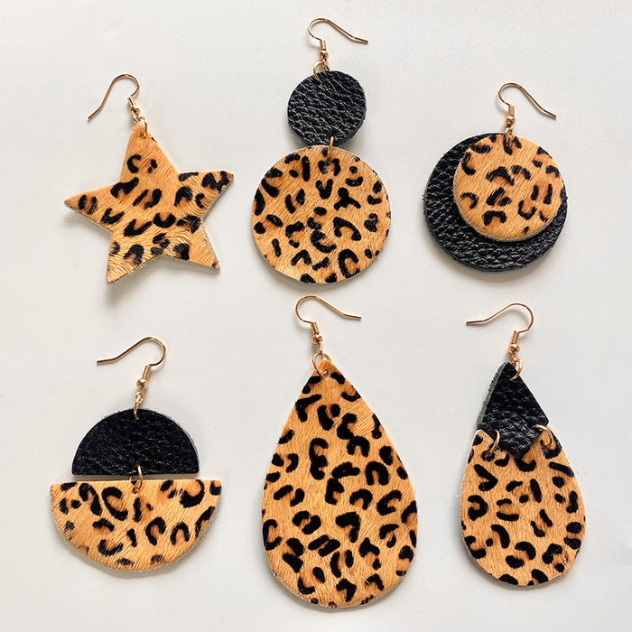 Dark Leopard Patchwork Leather Earrings with Creative Geometric Design