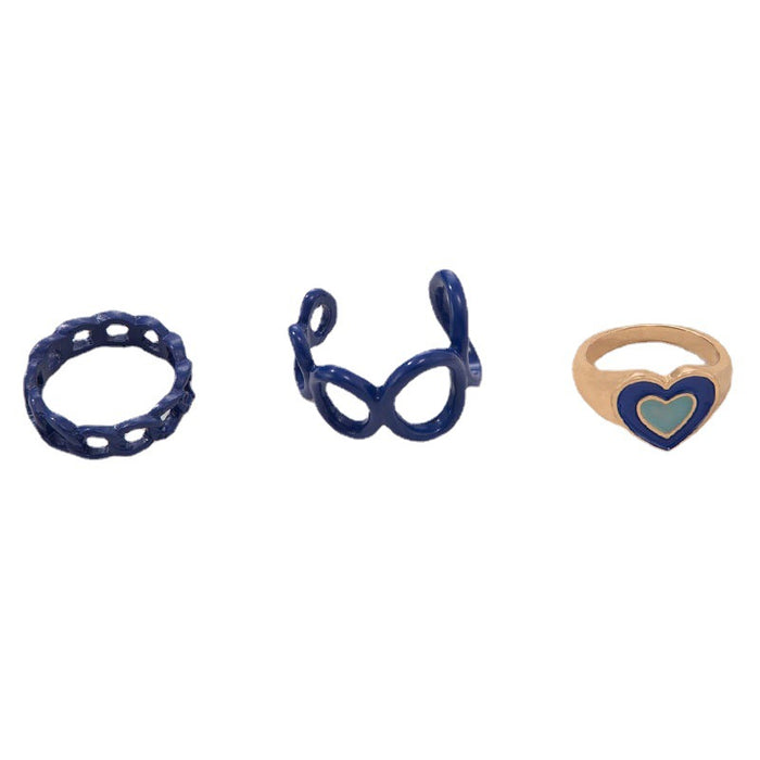 Niche design blue oil drop heart three-piece ring set