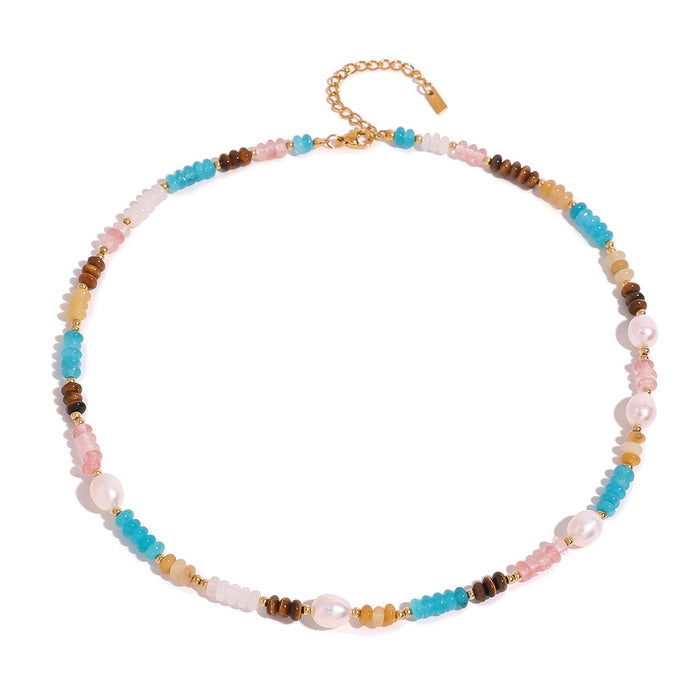 Colorful beaded pearl clavicle necklace, natural stone retro design necklace