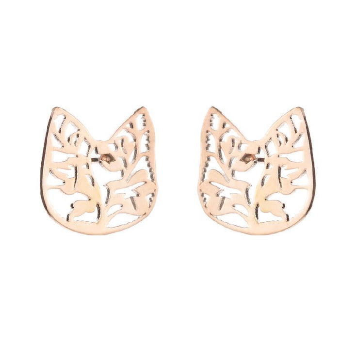 Cat Stainless Steel Stud Earrings - Spring-Inspired Floral and Leaf Jewelry