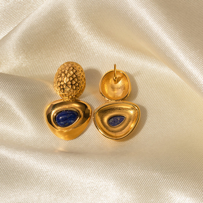 European Style New 18K Gold-Plated Stainless Steel Oval Hammered Earrings with Lapis Lazuli Triangle Studs