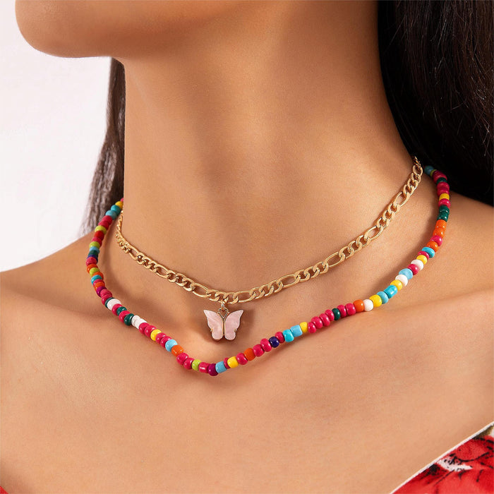 Double Layered Bohemian Necklace with Butterfly Pendant - Colorful Beaded Chain for Women