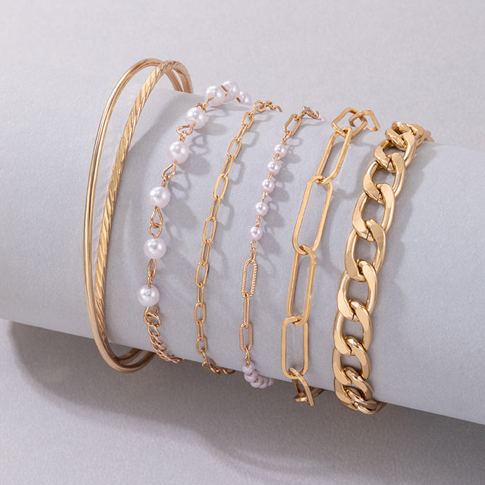 Conjunto de seis pulseras de cadena de perlas: conjunto de joyas con puños huecos de aleación con cruz