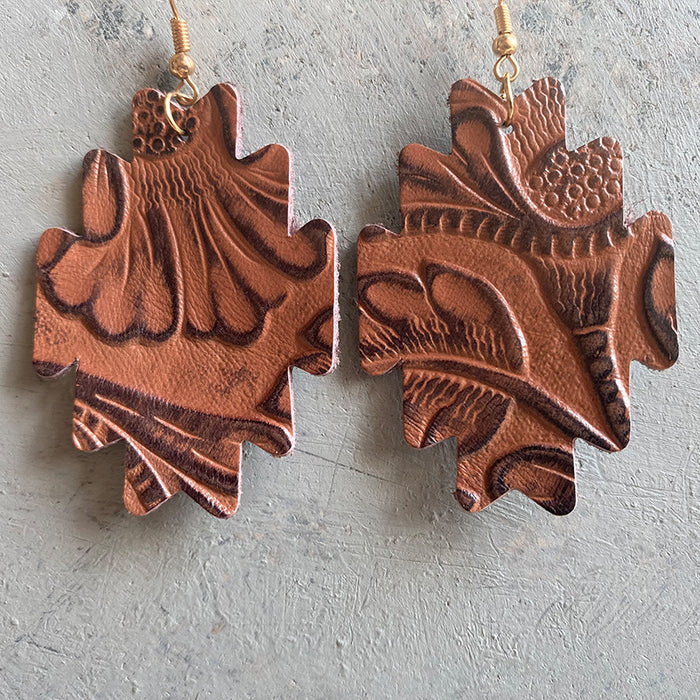 Western Cowboy Earrings with Aztec Trim and Embossed Leather Design