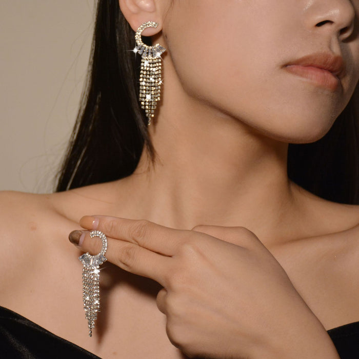 Korean C-Letter Zircon Earrings - Full Rhinestone Tassel Dangles for a Sophisticated Look