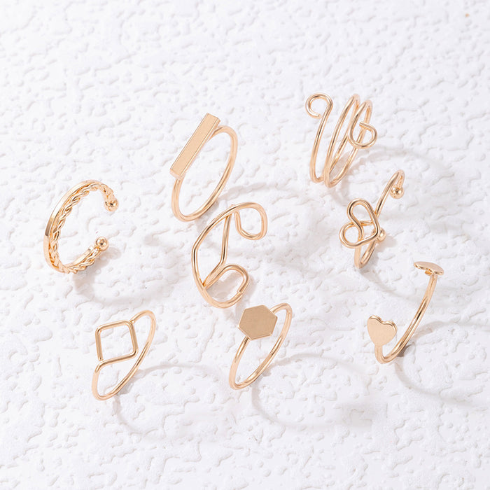 Hollow Heart Ring Set - 8-Piece Simple Geometric Twisted Rings