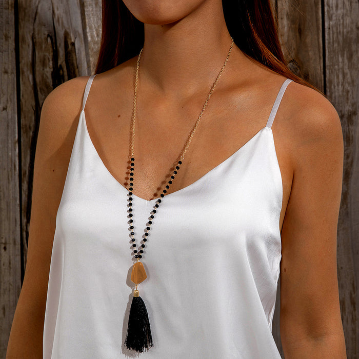 Geometric Beaded Long Necklace with Tassel Pendant