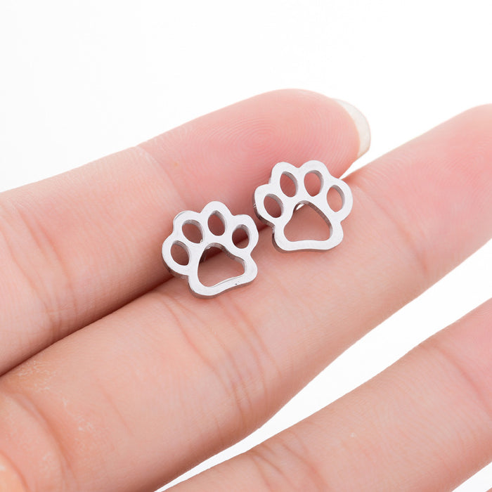 Bear paw earrings, Japanese and Korean stainless steel personality new hollow small animal cat and dog footprint earrings wholesale