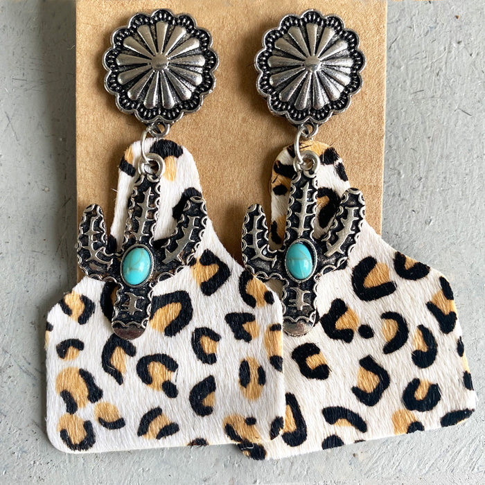 Bohemian Animal Print Leather Earrings with Pumpkin Flower and Turquoise Design