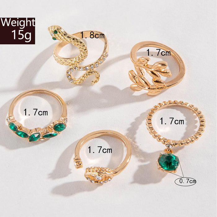 Creative Snake Eye Rhinestone Ring Set - Faux Green Gemstone Five-Piece Set