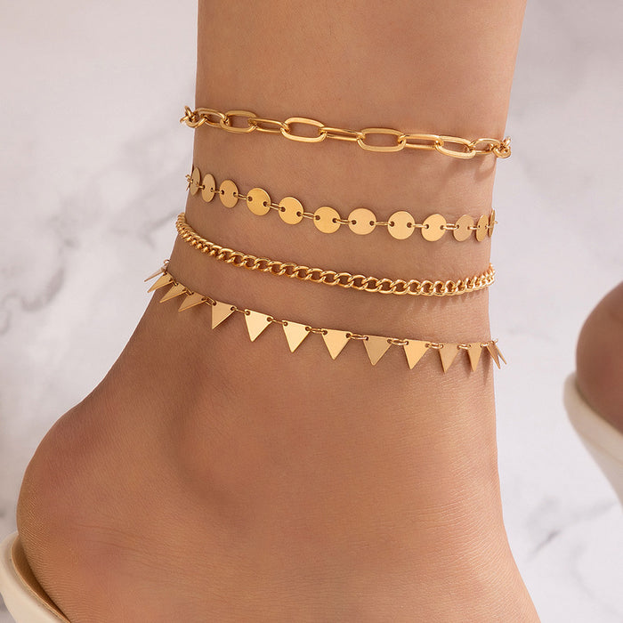 Triangle and Alloy Disc Quadruple-Layer Anklet with Geometric Chain Design