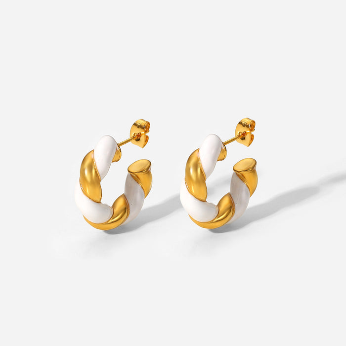 European Trending 18K Gold Stainless Steel White Enamel Twisted C-Shaped Earrings - Fashionable Jewelry for Women