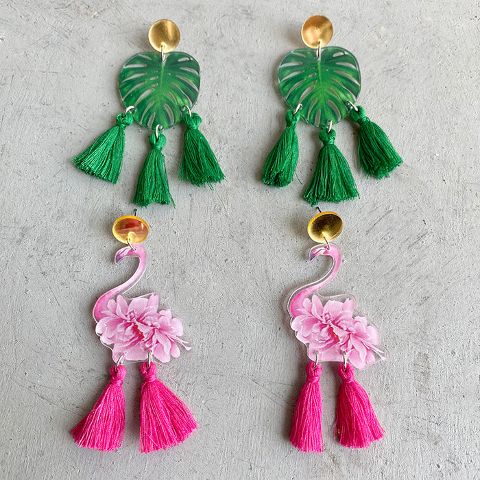 Pendientes de borlas de flamenco y monstera de gran venta con estilo femenino de verano