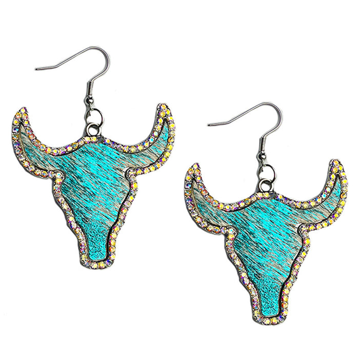 Rhinestone Leather Earrings with Cowhide and Bullhead Design