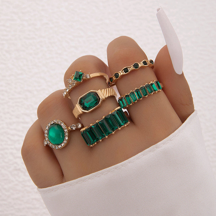 Luxury Gemstone Rhinestone Ring Set - Retro Geometric Open Five-Piece Set