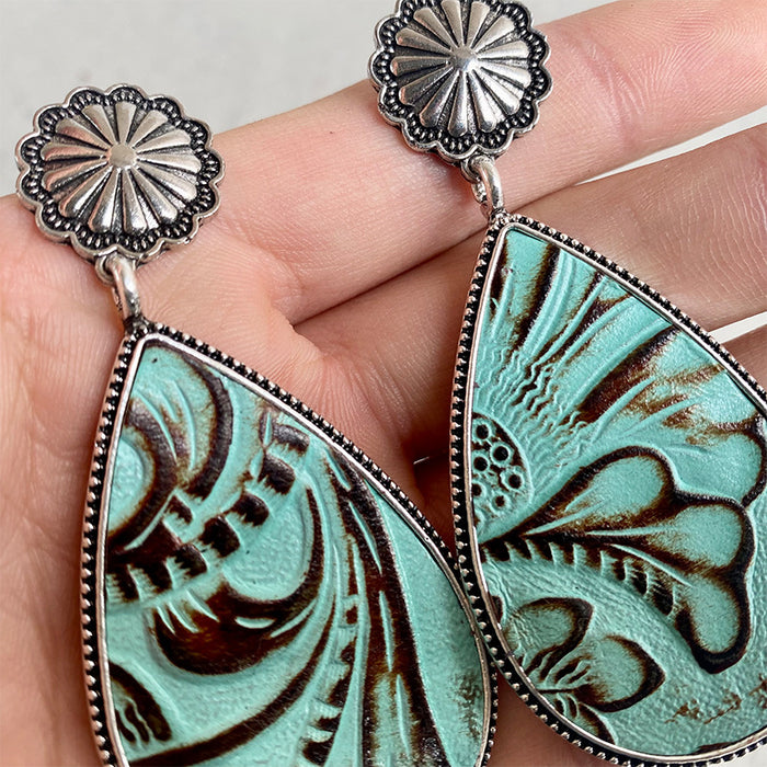 Western Embossed Leather Earrings with Bohemian Floral and Pumpkin Flower Design