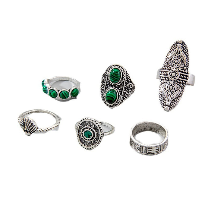 Ethnic Turquoise Ring Set - 6pcs Vintage Totem Fan Rings