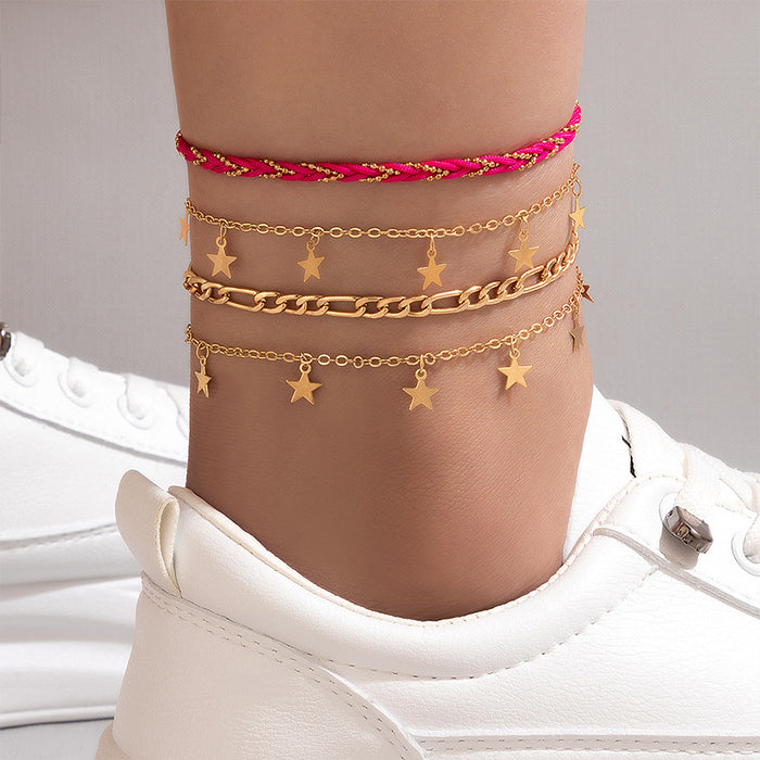 Woven Rope Heart Anklet Set - Multilayer Geometric Jewelry